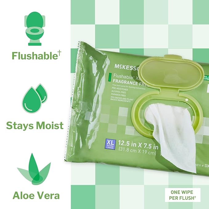 McKesson Flushable* Adult Wet Wipes XL – 96 Wipes (1 Pack of 96) – Aloe & Vitamin E, Plant-Based Cleansing Wipes, Unscented, Extra Large