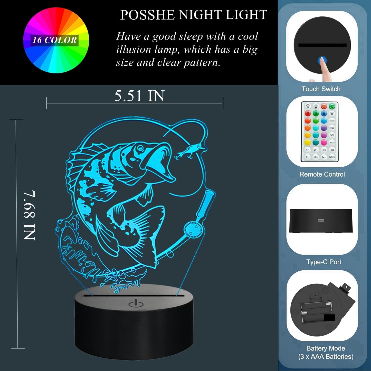 Fish Night Light, Fish 3D Illusion Lamp, Go Fishing Man Gifts with 16 Colors Changing, Timer, 4 Flash Modes and Dimmable, Kids Room Decoration, Xmas Fishing Gifts