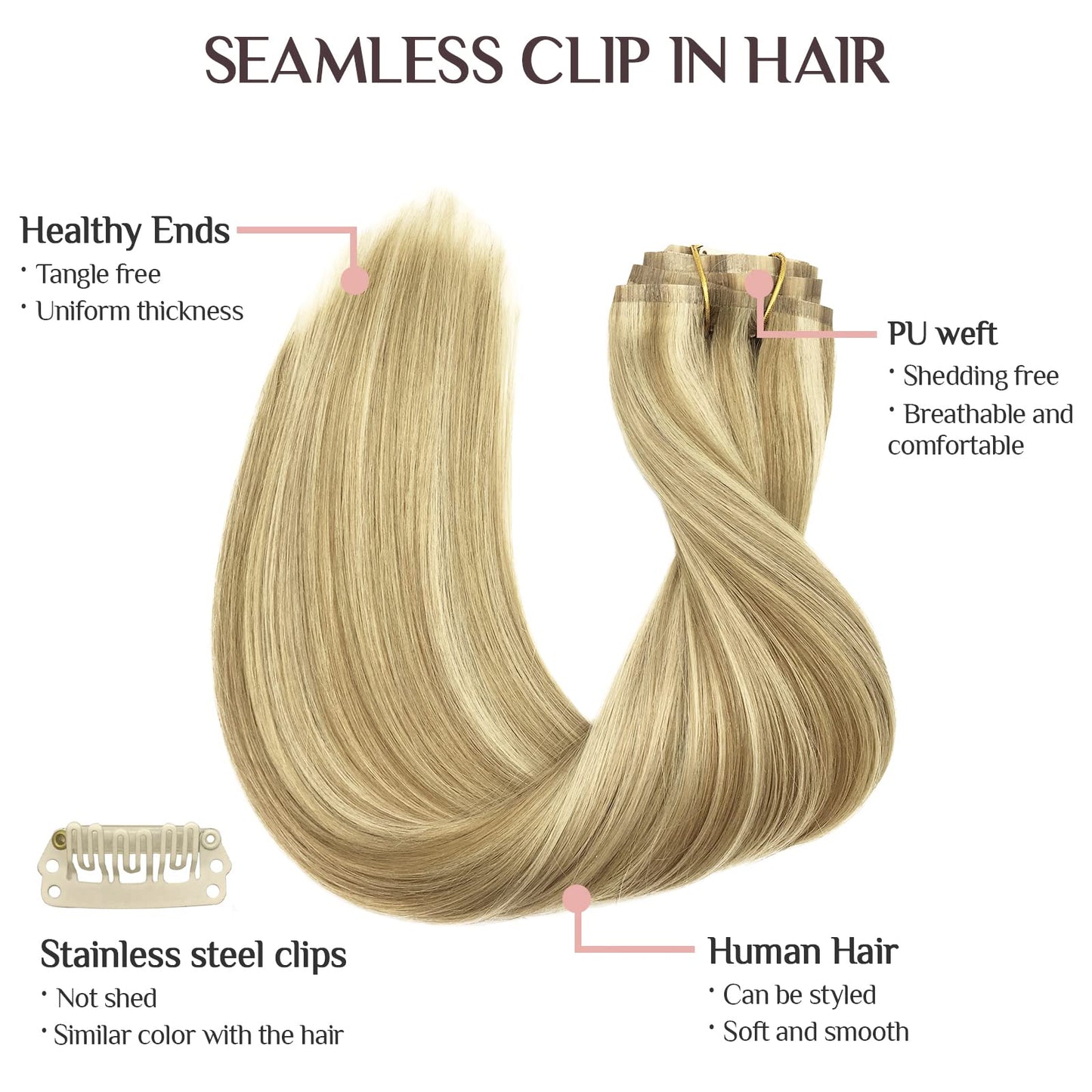 MAXITA Clip in Human Hair Extensions, 110g 7pcs Light Blonde Highlighted Golden Blonde 18 Inch Straight Hair