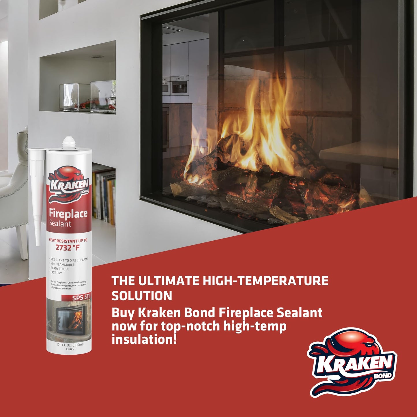 Kraken Bond High Temperature Black Fireplace Sealant 2732°F - (2x10.1oz.) Fire Resistance Up to 2732°F, High Temp Fire Caulk for Ovens, Stoves, Chimneys - Fast Dry, Paintable, Non-Flammable, 2 Pack