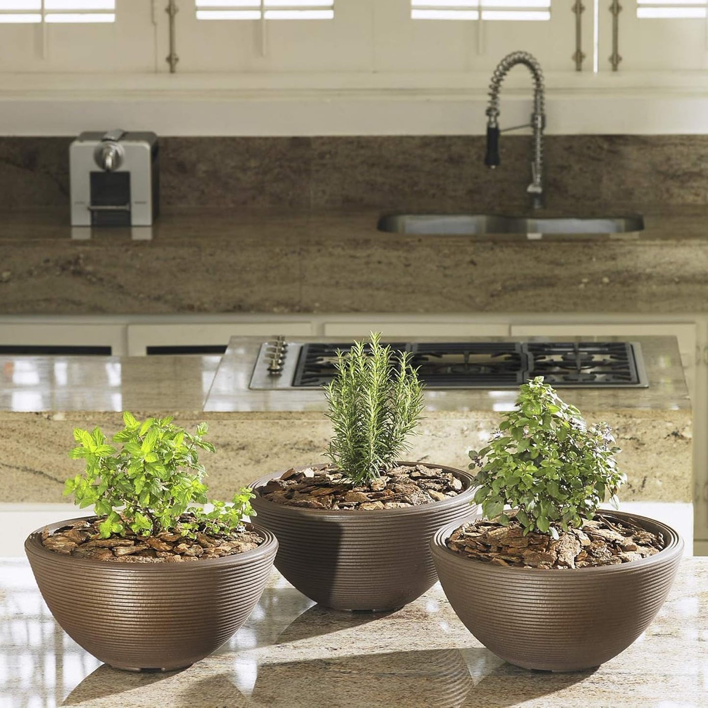 Crescent Garden Delano Bowl Planter, Large Outdoor Round Shallow Plant Pot for Water Garden, Bonsai Plant Pots, Succulents with Drain Hole - Double Walled Bowl Lotus Pot, 34" W (Mocha)