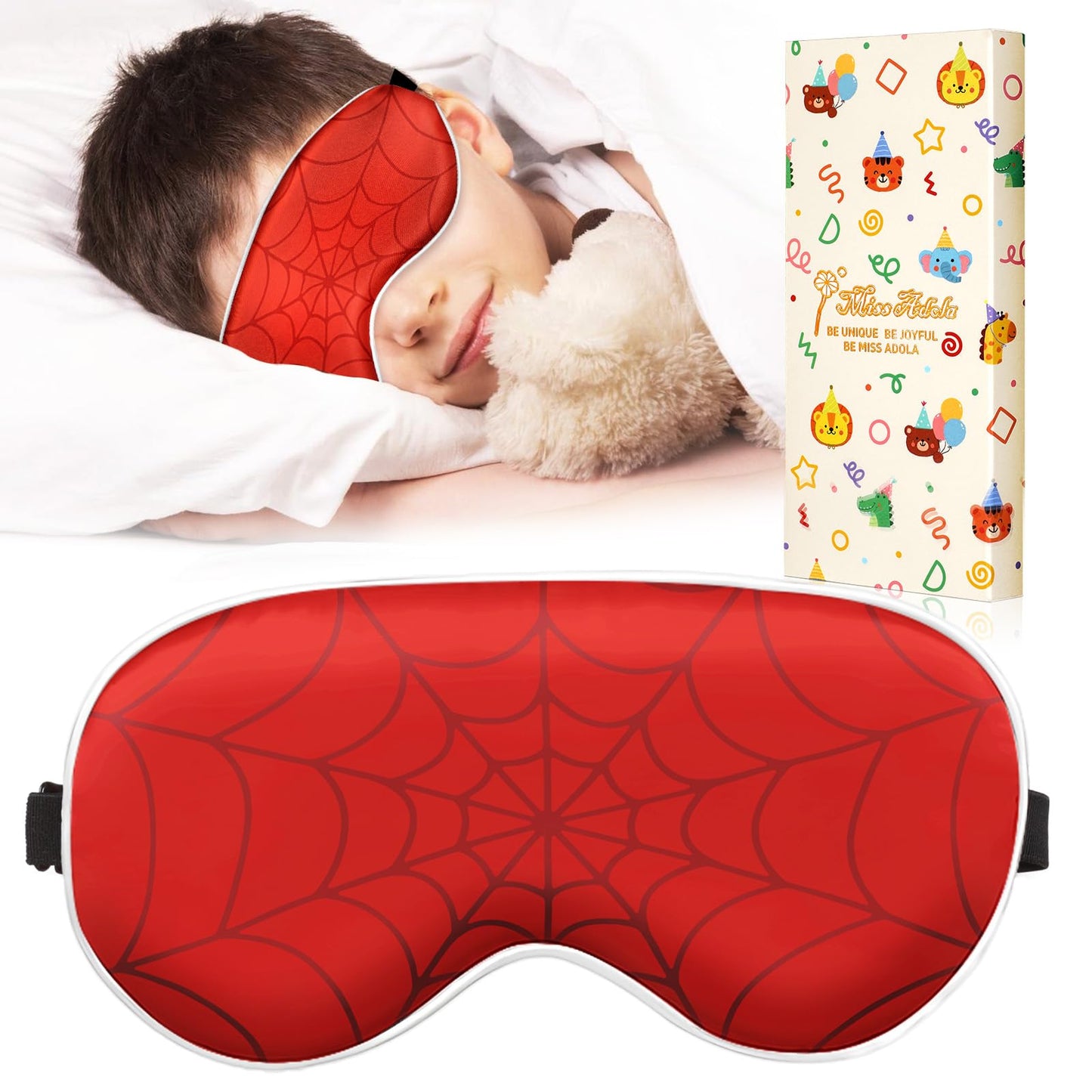 Miss Adola Sleep Mask for Kids - Cute Kawaii Cartoon Silk Sleeping Mask with Adjustable Strap Soft Smooth Light Eye Mask for Sleeping Silk Kids Eye Cover for Boys Girls Teens, Red
