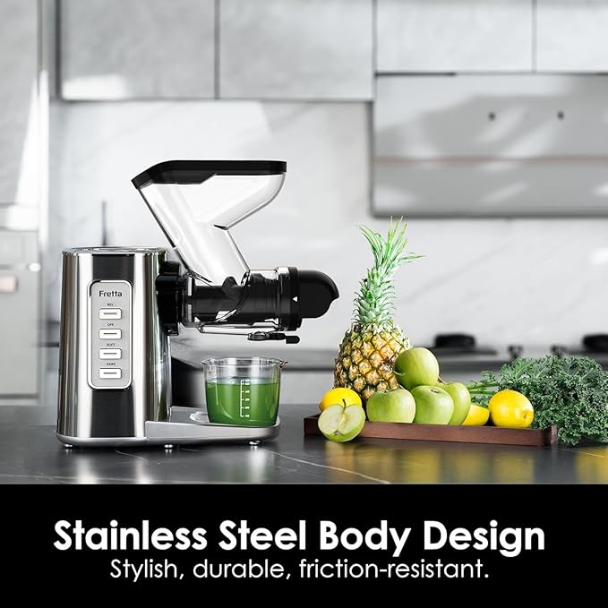Fretta Masticating Slow Juicers,3-inch Wide Feeding Chute Cold Press Juicer,Celery Juicer, Juicer Machines Vegetable and Fruit,Juice Recipes Included,2 Speed,BPA-Free,Easy Clean,200W (Stainless Steel)
