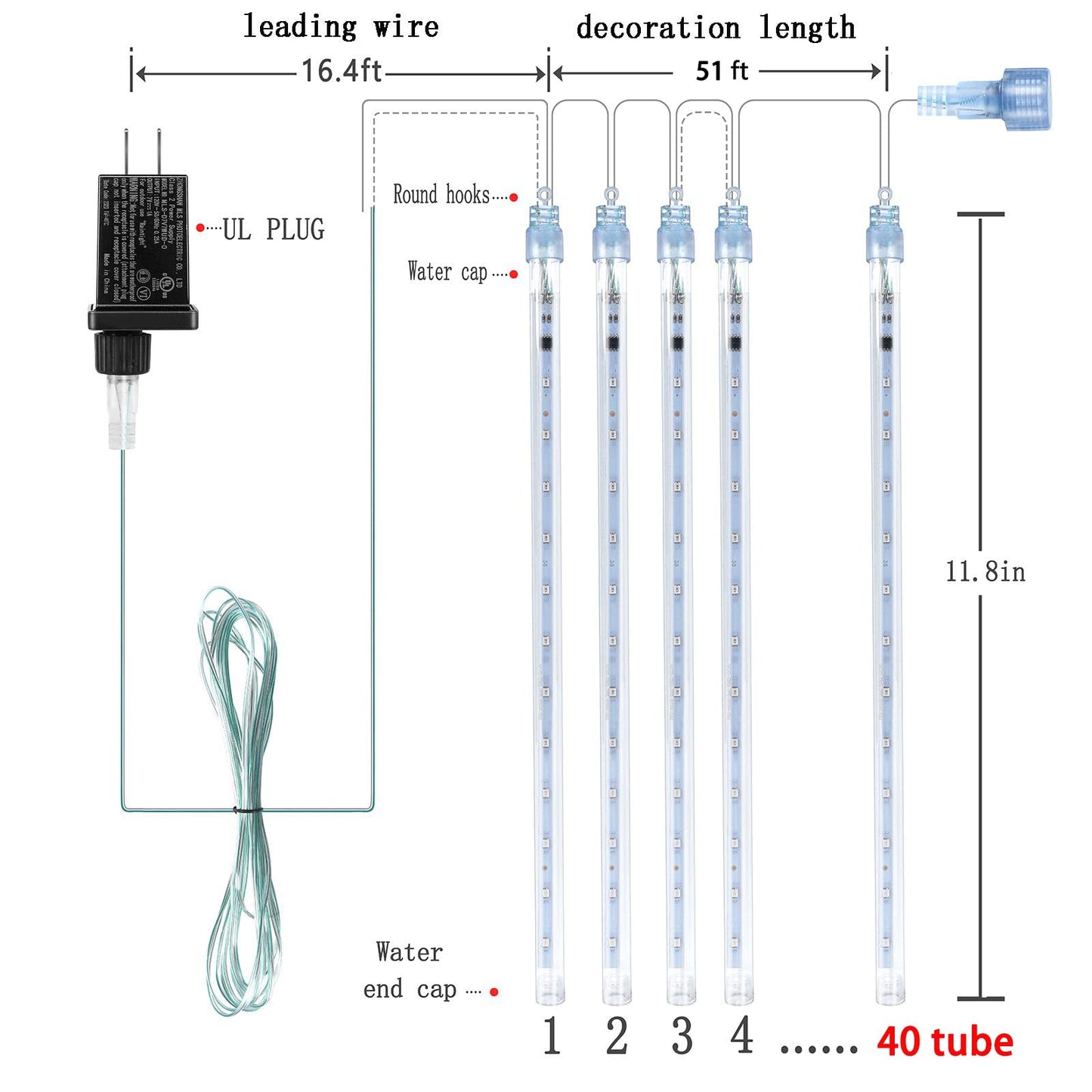 Kwaiffeo Warm White Icicle Lights Outdoor  40-Tube Meteor Shower Lights For Christmas Thanksgiving New Year Party Yard Wedding Decor  Equivalent To 5 Sets Of 8-Tubes