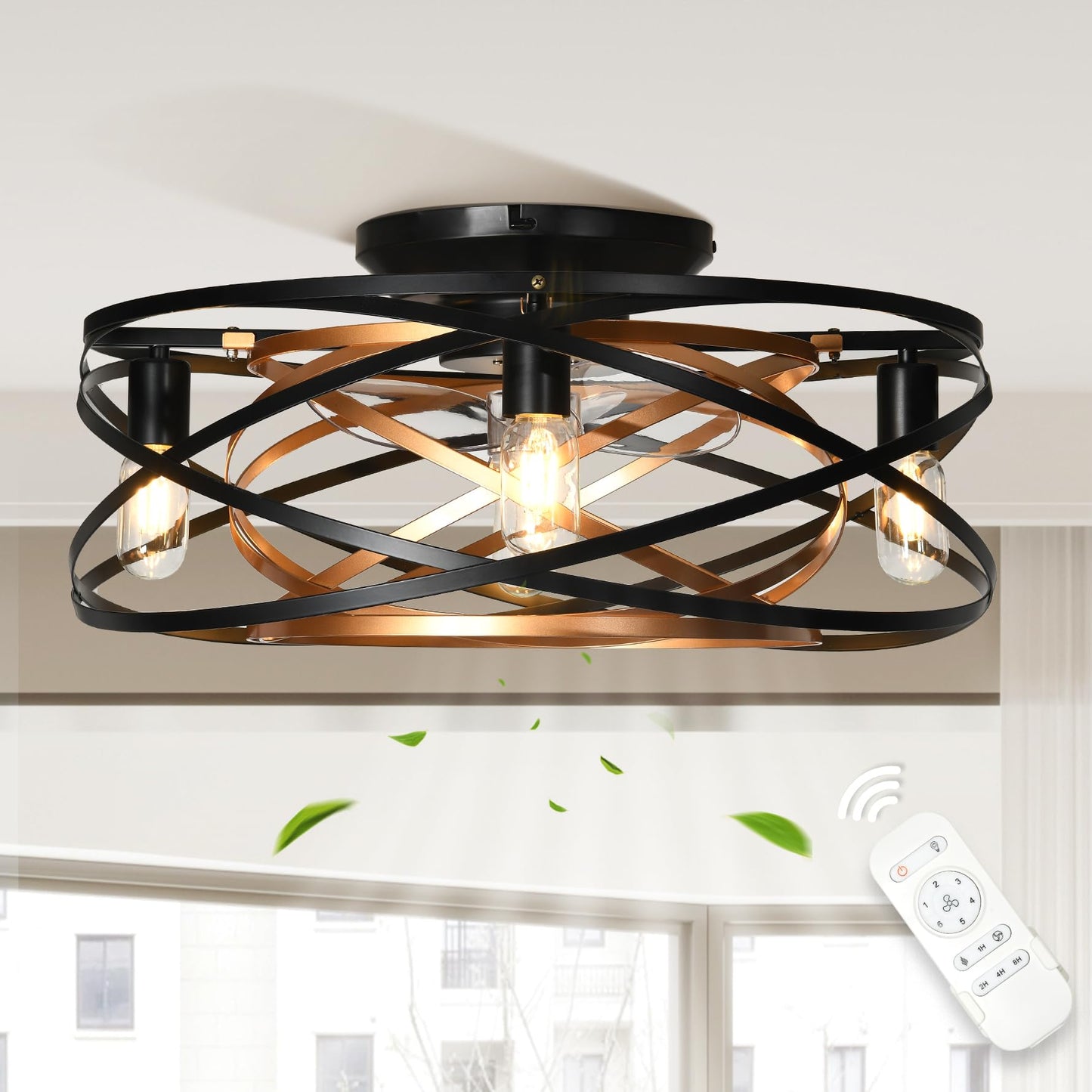 Yitahome Caged Ceiling Fans With Lights Remote Control, 22 Bladeless Low Profile Ceiling Fan, 6 Speeds Flush Mount Enclosed Ce