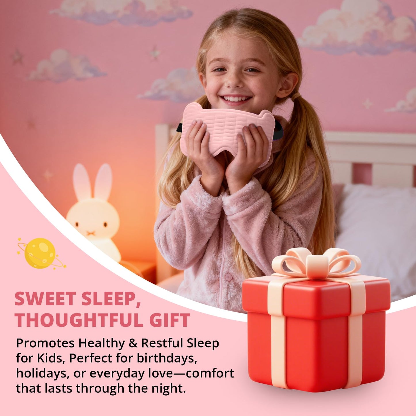 Kids Sleep Mask, 3D Sleeping Eye Mask for Kids with Adjustable Elastic Strap, Bear Shape Eye Cover with Memory Foam, Soft & Light-Blocking, Gift for Boys Girls Teens Age 5–15 (Pink)