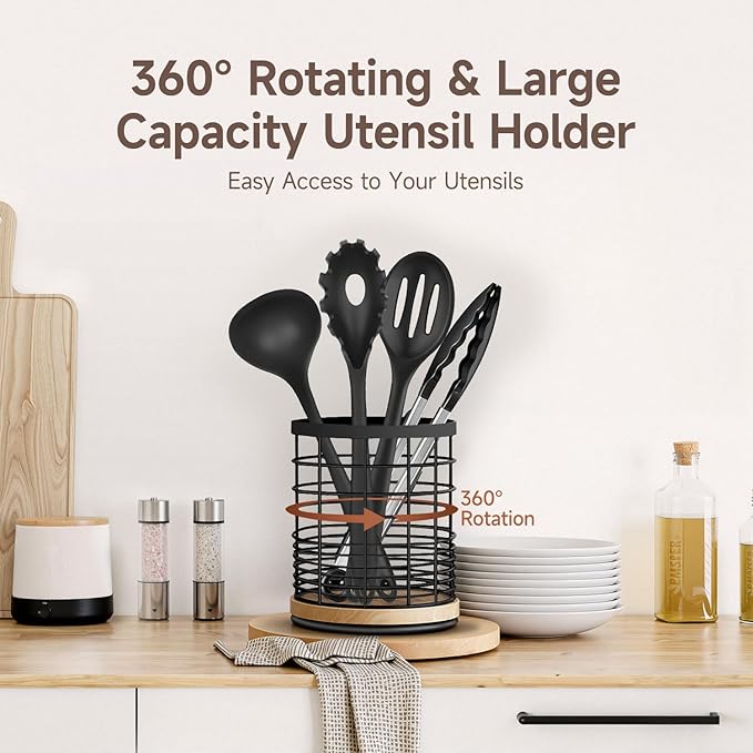 Silicone Kitchen Utensils Set with 360° Rotating 7.3'' Large Holder, Non Toxic Silicone Cooking Utensils Set for Cooking, Dishwasher Safe Kitchen Spatula Set, Heat Resistant, BPA Free, Black