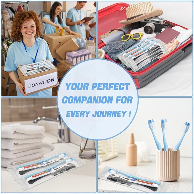 10 Sets Disposable Toothbrushes with Toothpaste Floss Comb Individually Wrapped, Disposable Toothbrush Bulk, 10g Toothpaste,Dental Floss,6in Comb Bulk Toothbrush Kit for Homeless,Airbnb,Hotel