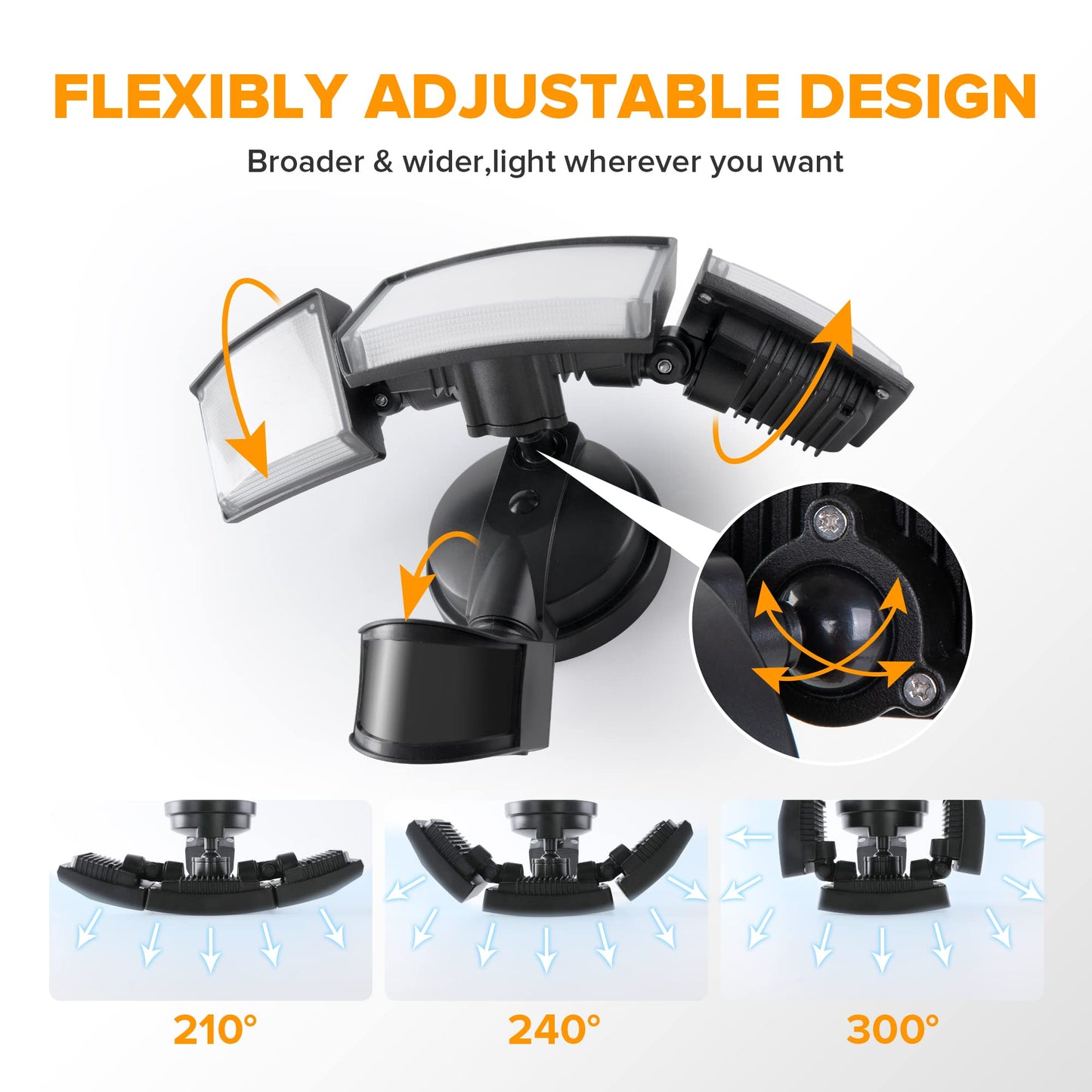 Lutec 72W Led Security Light, 6300Lm Motion Sensor, Ip65 Waterproof, 5000K Daylight, Black-3 Head, Ideal For Garage, Yard, Porch