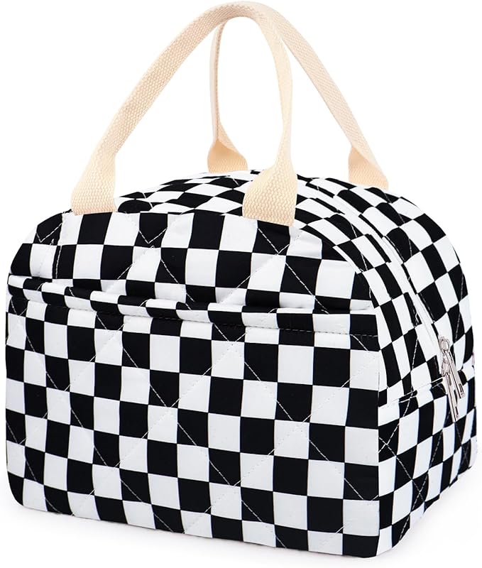 Cotton Quilted Insulated Lunch Bag, Cute Quilted Floral Lunch Tote Bags Reusable Insulated Lunch Box Coquette Aesthetic Large Capacity Insulated Cooler for Women Work Travel Picnic (Checkered-Black)
