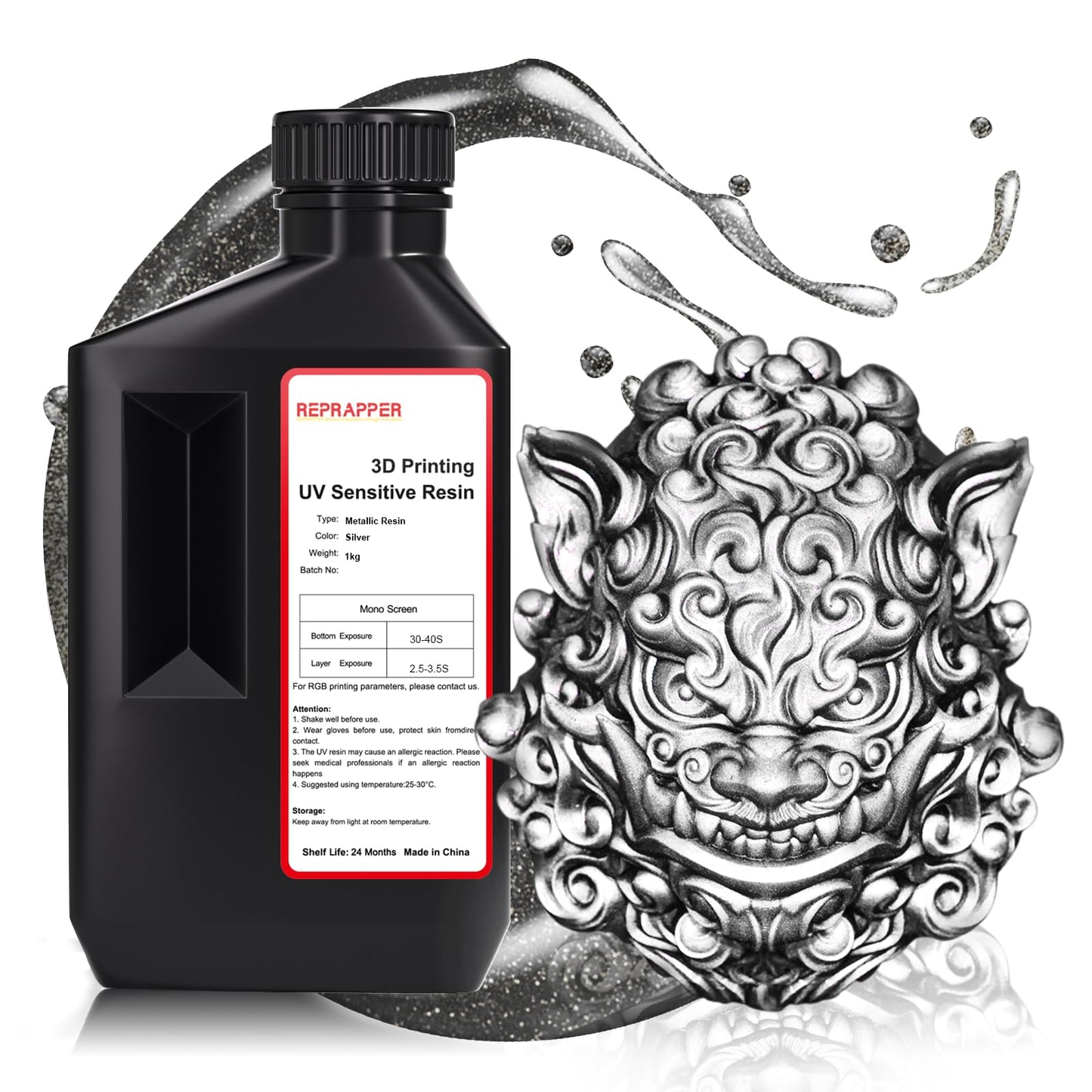 RepRapper 3D Printer Resin 405nm Metallic Silver 1kg Fast UV-Curing Standard Photopolymer for LCD Printing, Model REP-RESIN-001-METAL