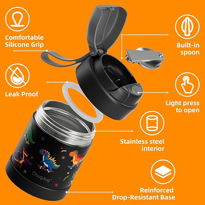 15 oz Soup Thermo for Hot Food Kids Insulated Food Jar with Spoon, Lunch Thermo Container, Width Mouth Vacuum Stainless Steel Food Thermo for School Travel, Leakproof, Easy to Open(Black)