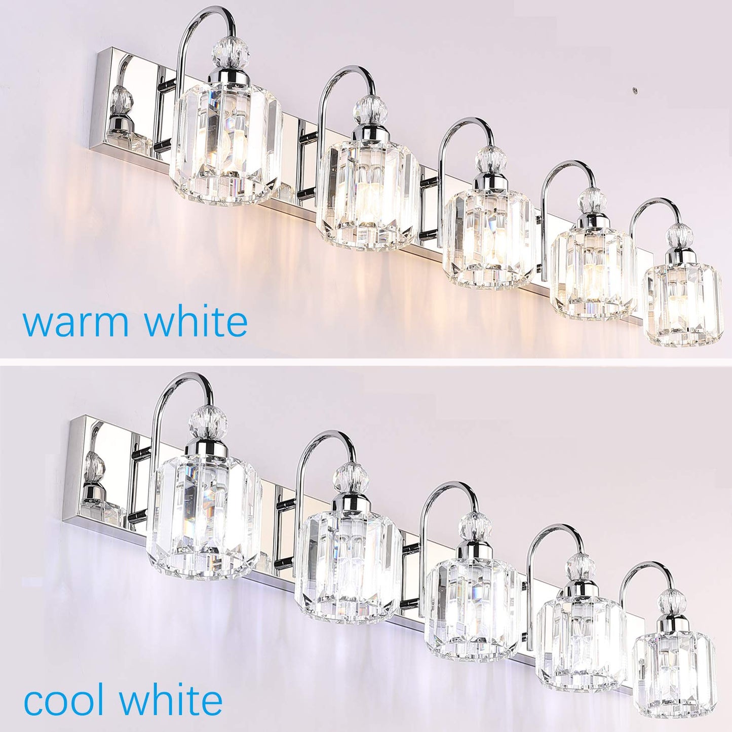 Ralbay 5-Light Modern Led Crystal Bathroom Vanity Lights, Stainless Steel Over Mirror Fixture, Round-Chrome Finish, Model 8600