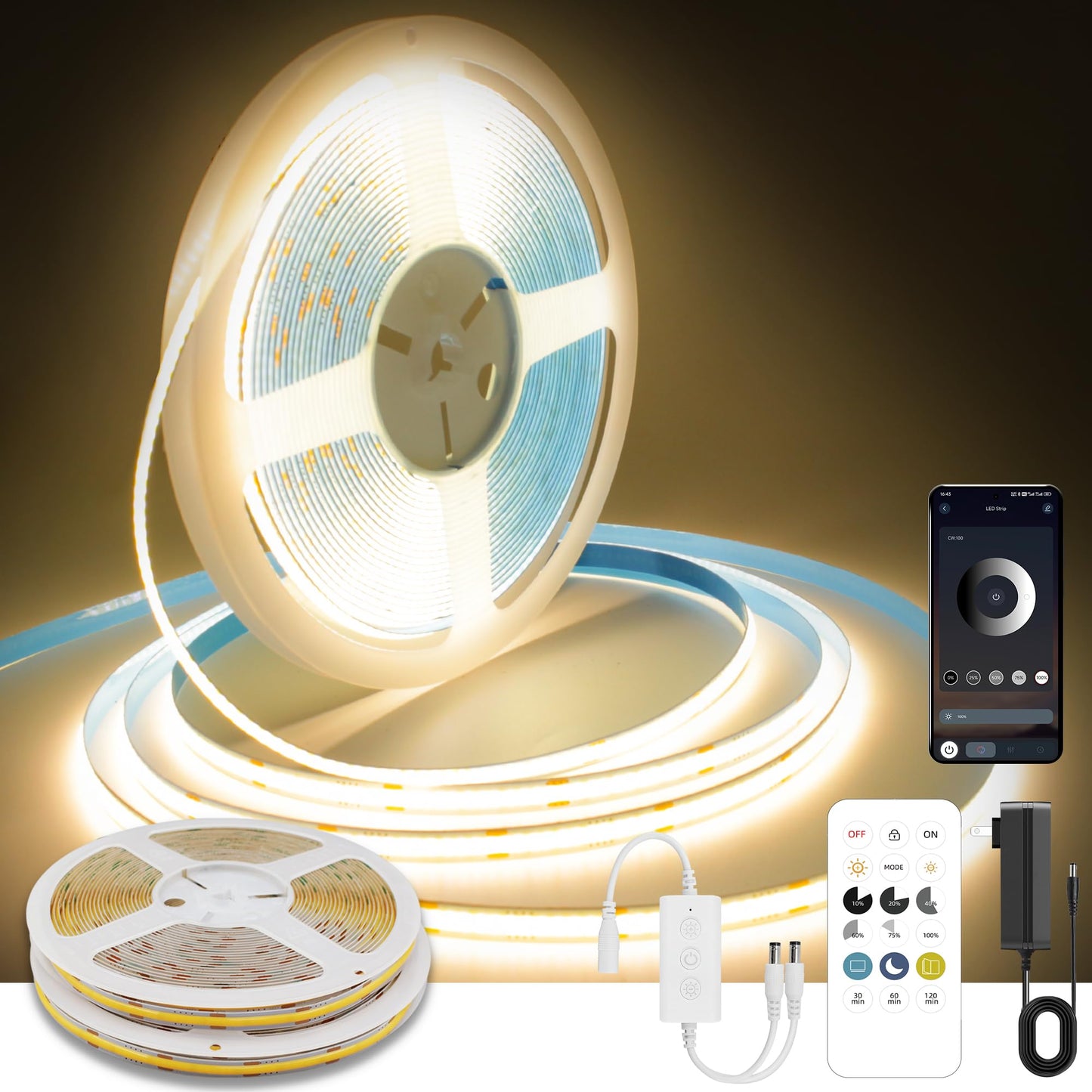 Pandery COB LED Strip Lights, 50FT, 3000K Warm White, Dimmable, Flexible, Model PD-COB-24V, Remote & App Control