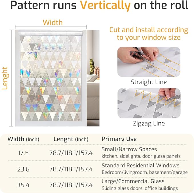 LUTE Window Privacy Film, Decorative Stained Glass Rainbow Window Clings, Sun Blocking Glass Covering, Renter-Friendly Static Cling Sticker Frosted Decals for Home Door Office, 35.4" x 157.4"