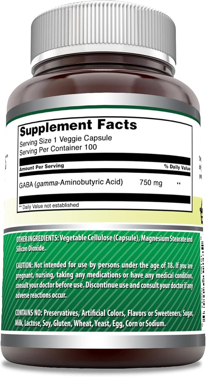 Amazing Formulas GABA Supplement | 750 Mg per Serving | 100 Veggie Capsules | Non-GMO | Gluten-Free | Made in USA | Ideal for Vegetarians