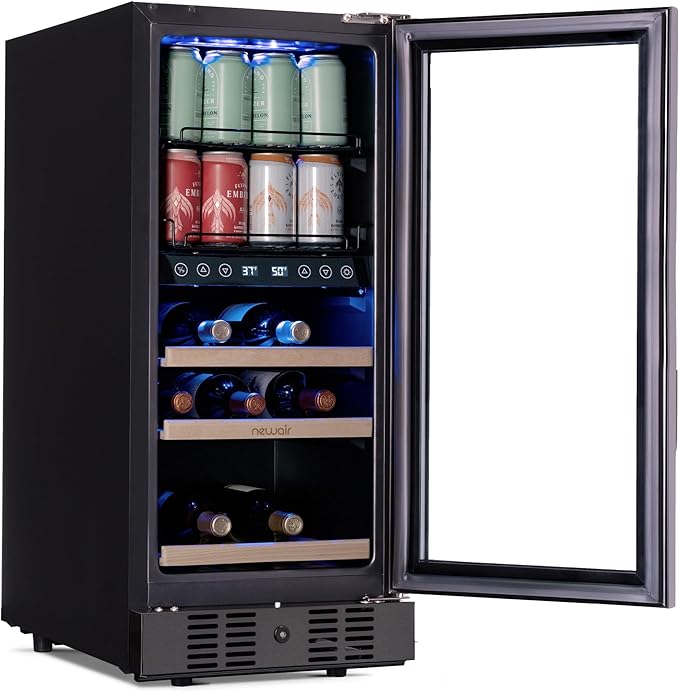 NewAir 15" Wine and Beverage Refrigerator 9 Bottle and 48 Can Capacity, Beverage Cooler in Stainless Steel, Built-in or Freestanding Dual Zone Drink Fridge with Triple-Pane Glass Door