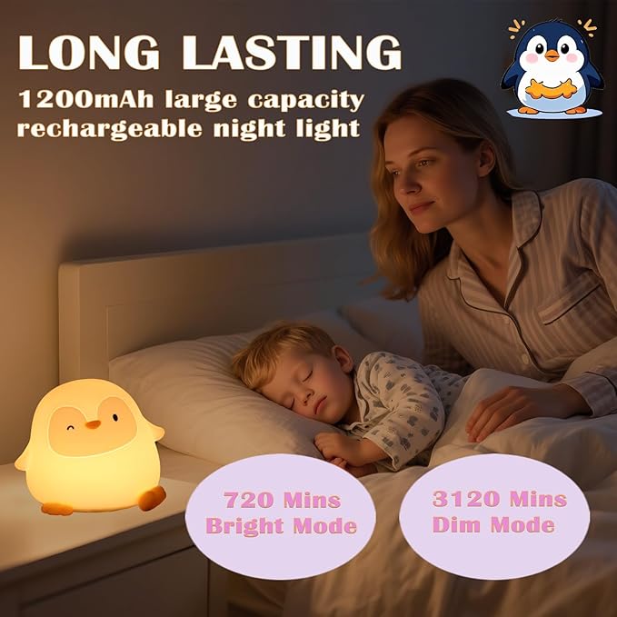 Penguin Night Light with Squishy Soft Silicone, RGB Flashing Color, Dimmable Rechargeable Portable Touch Penguin Gifts Decor for Girls Boys