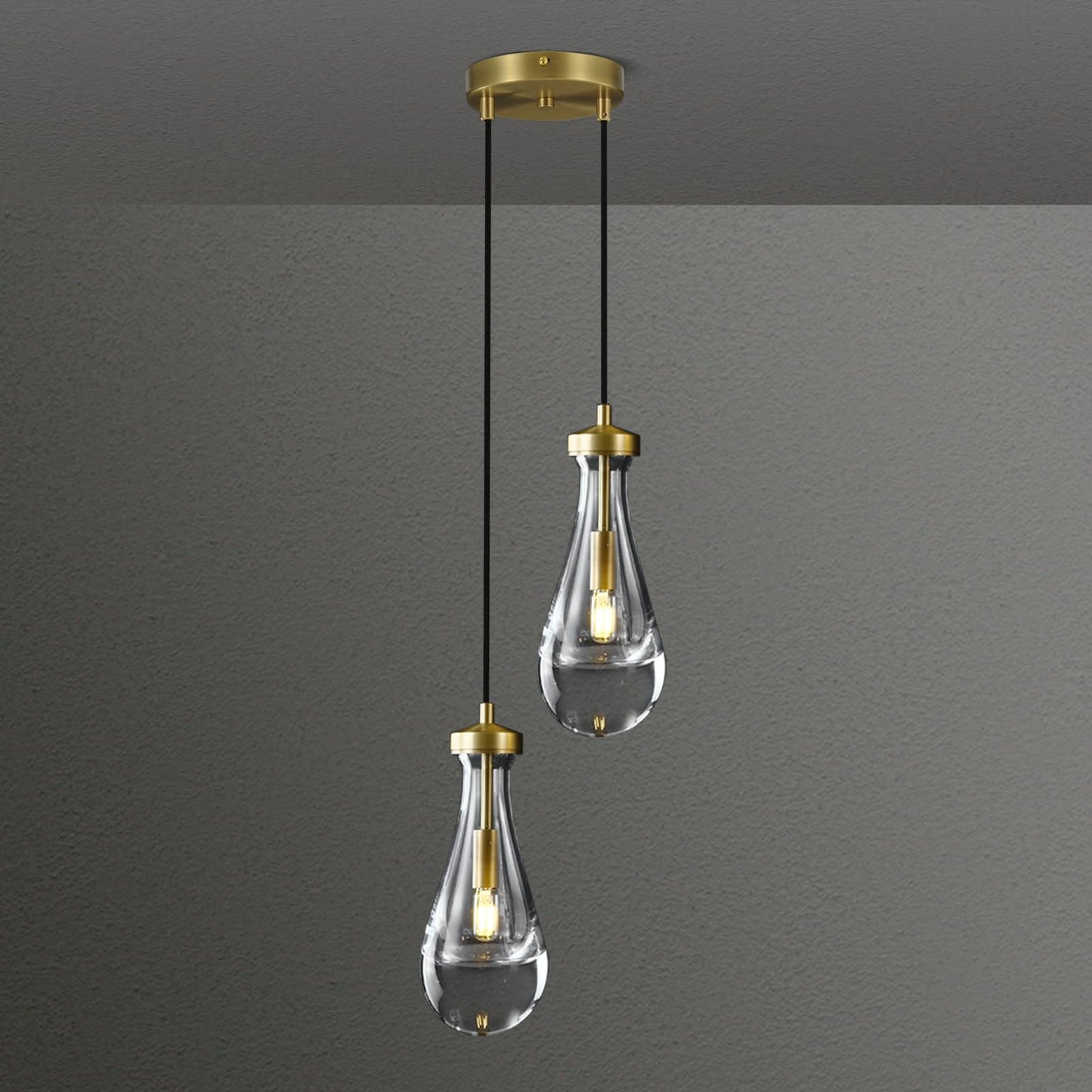 Joyunleo Brass Raindrop Pendant Lights Kitchen Island 2-Light  Cluster Gold Pendant Light Fixture For Bedroom  Dimmable Dining Room Light Fixture Hanging Pendant Lighting Ceiling Chandelier For Foyer