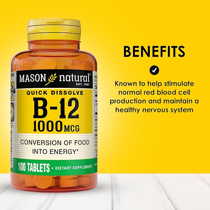 MASON NATURAL Vitamin B12 1000 mcg, Quick Dissolve Sublingual Tablets, Energy, Nerve & Red Blood Cell Support, Fast Absorption B,Complex Supplement, 100 Tablets
