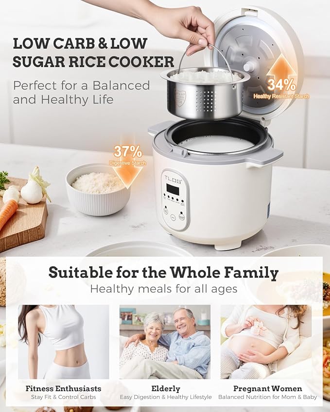TLOG Low Carb Rice Cooker 2L(9 Cups Cooked), Low Sugar Healthy Rice Maker with 304 Stainless Steel Steamer Basket, 5 Cooking Presets, 24H Timer & Keep Warm Function
