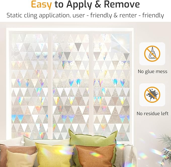 LUTE Window Privacy Film, Decorative Stained Glass Rainbow Window Clings, Sun Blocking Glass Covering, Renter-Friendly Static Cling Sticker Frosted Decals for Home Door Office, 17.5" x 118.1"