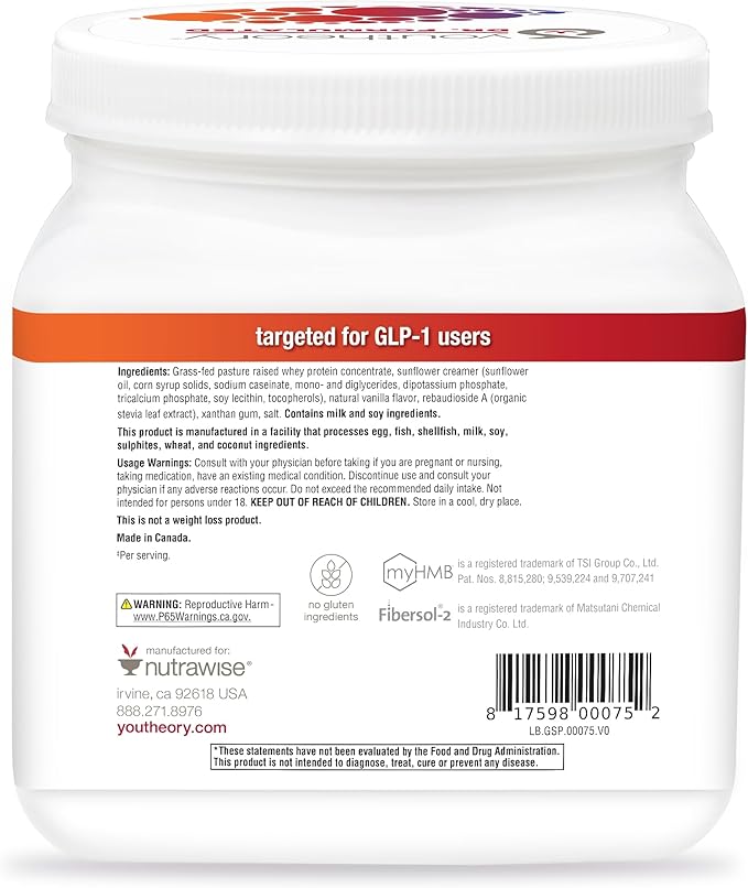 Youtheory Muscle Guard Protein GLP-1 Support - Whey Protein Powder Supplement - for GLP-1 Users - Supports Muscle & Bone - with myHMB, Calcium & Vitamin D - 20.5 oz Powder