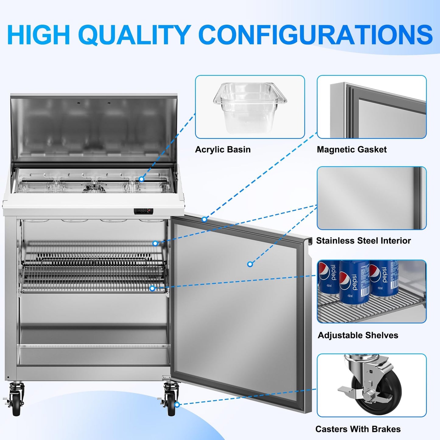 Rockitch 29" W Commercial Refrigerator Sandwich Salad Prep Table, 7.6 Cu.ft 1 Door Commercial Stainless Steel Mega Top Food Prep Fridge with 12 Pans, Salad Prep Station for Restaurant, Bar, Shop