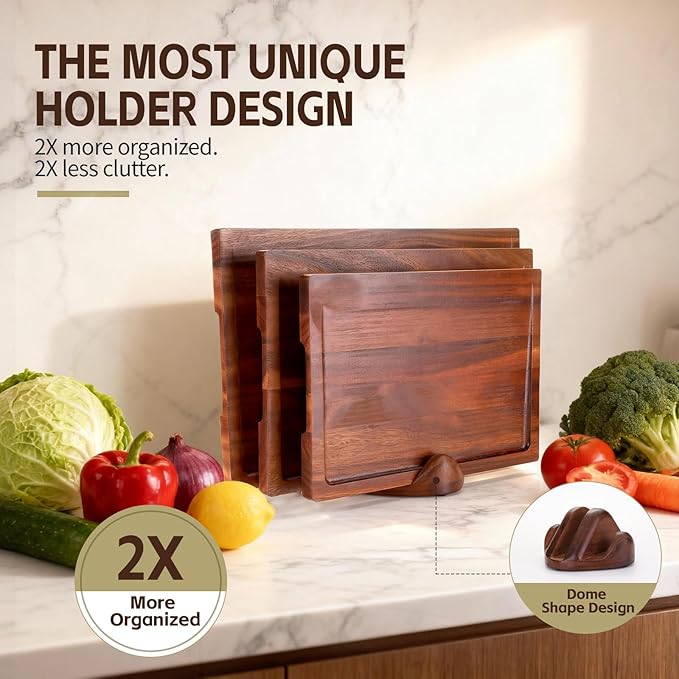 Walnut Wood Cutting Boards for Kitchen, 3 PCS Wooden Cutting Board Set with Holder Large to Small, Chopping Board Set with Deep Juice Grooves, Non Toxic Serving Tray, Perfect Mother's Day Gifts