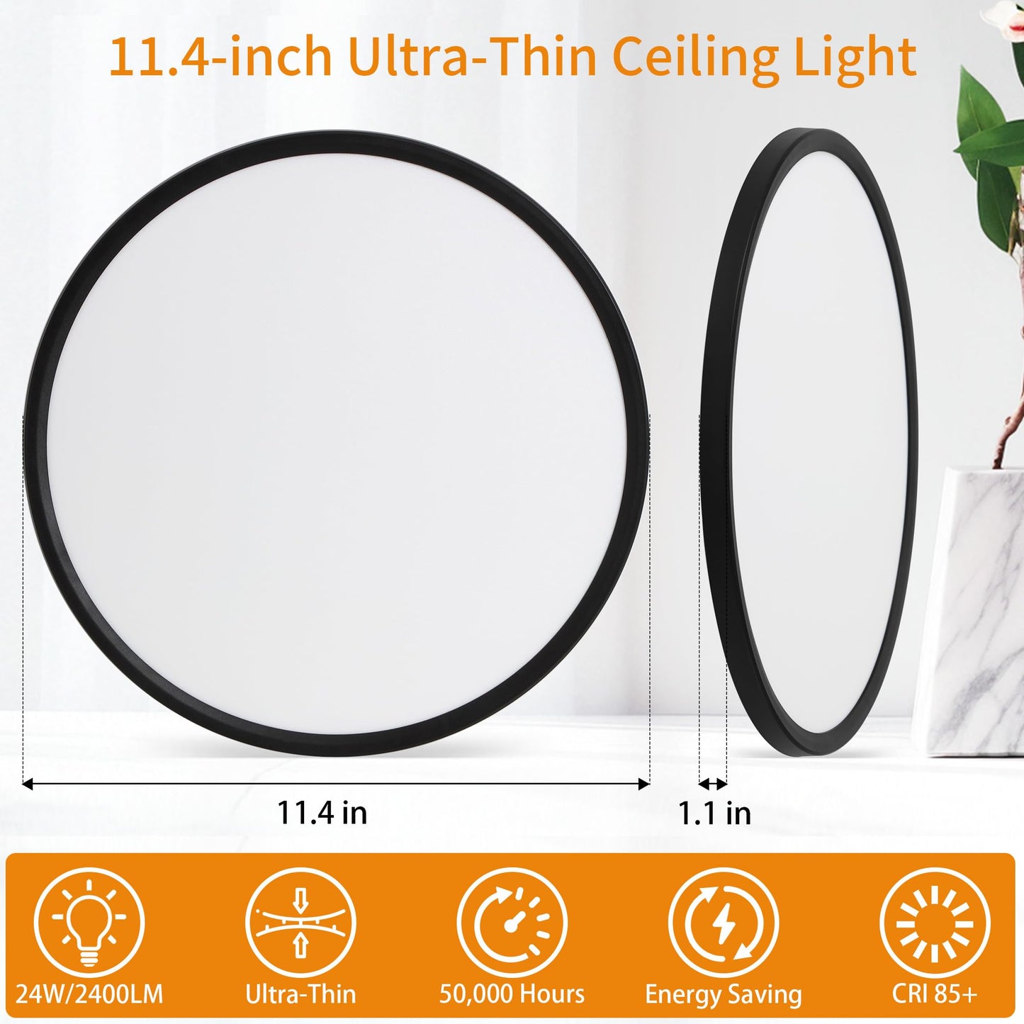 UprizeP Flush Mount Ceiling Light 11in LED, 1800K Nightlight & 3000-6500K Dimmable, Black, Model SK1039