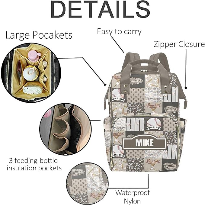 Personalized Baseball Diaper Bag with Name – Custom Baby Bag, Nursing Tote Backpack for Mom, Custom Name Mommy Daypack, Shower Gift for Baby