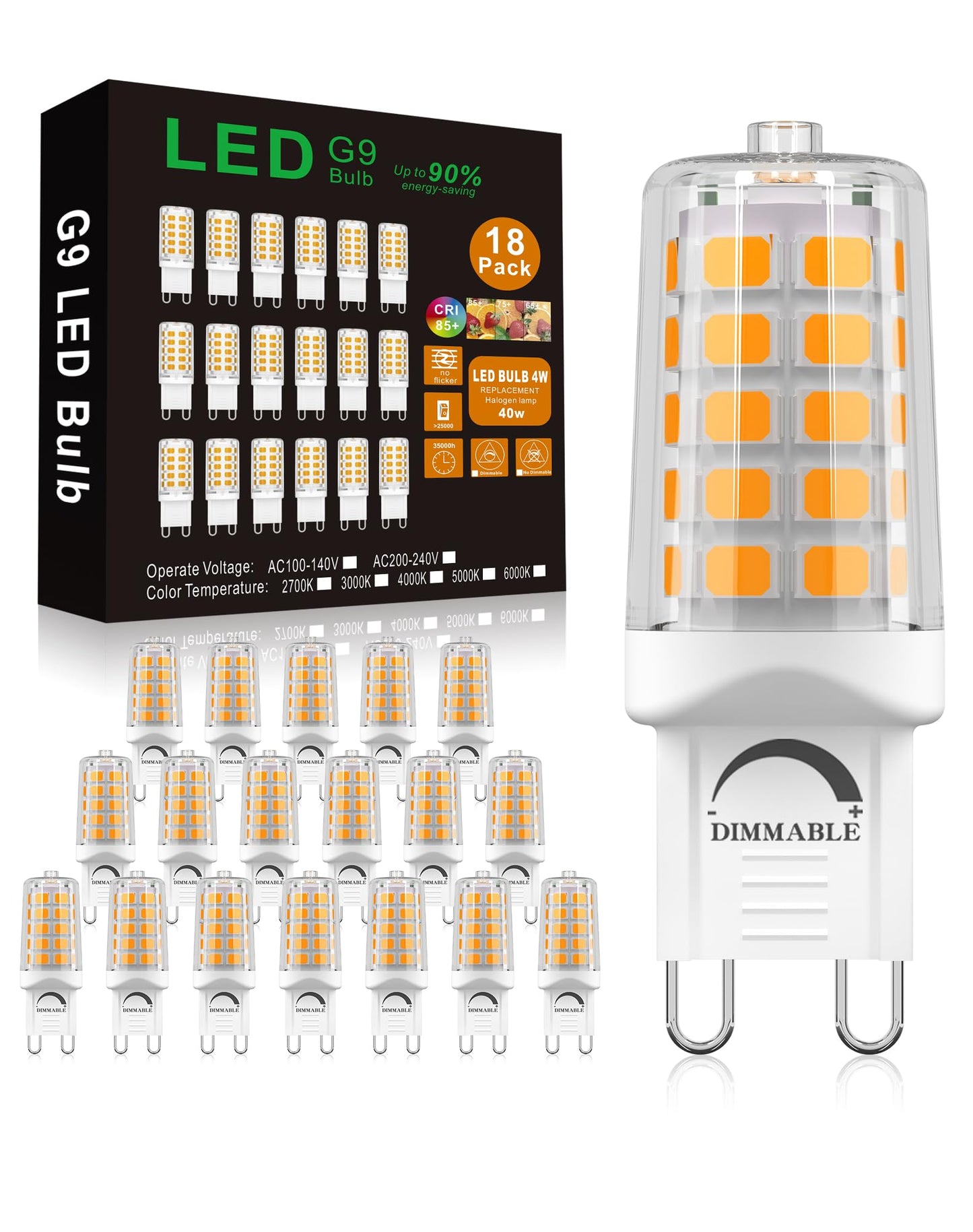 Baoming G9 Led Bulb Dimmable 4W  40 Watt T4 G9 Halogen Equivalent  2700K Soft Warm White  120V No-Flicker  Chandelier Lighting 450Lm (18 Pack)