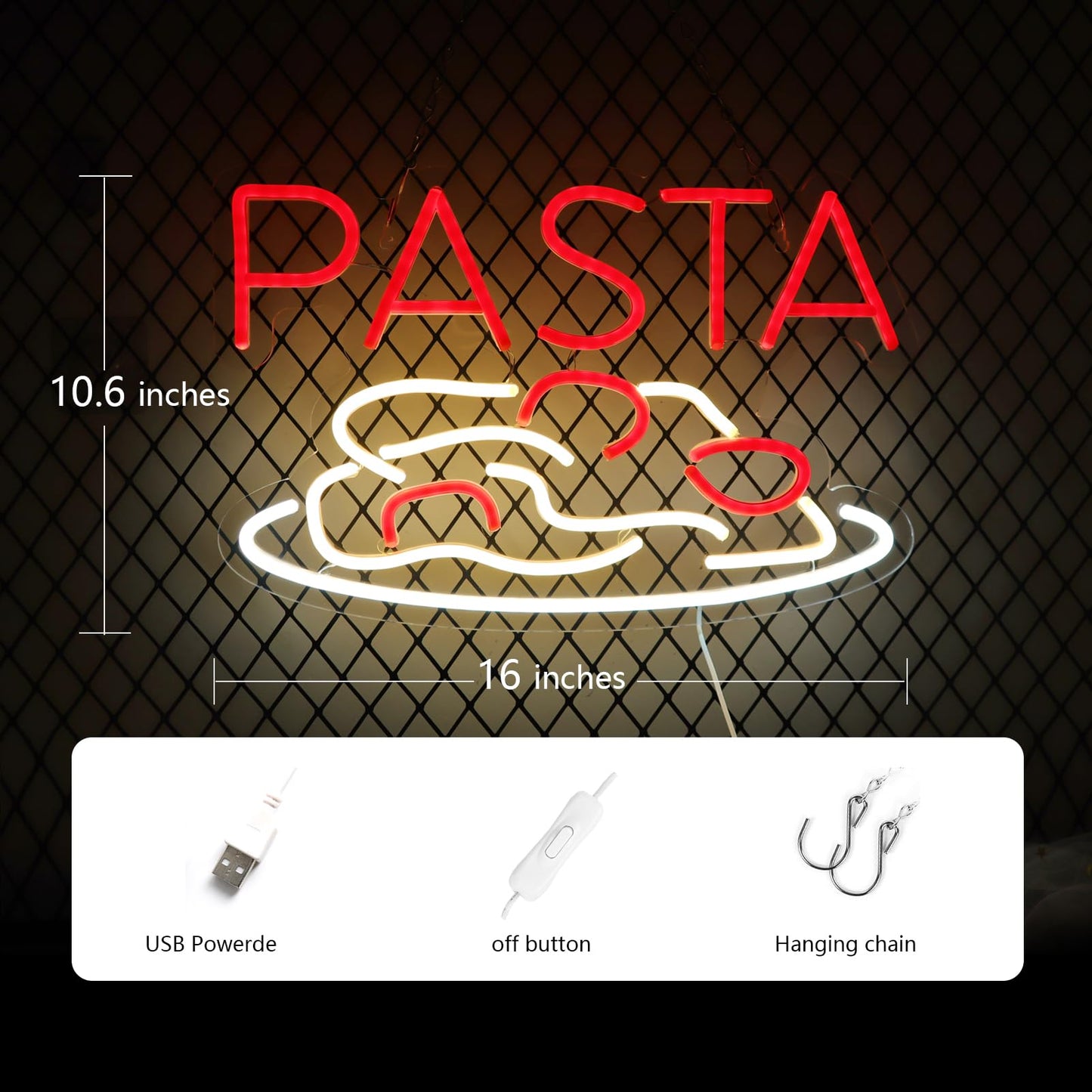 Jfllamp Pasta Neon Signs For Wall Decor Neon Lights For Bedroom Led Business Signs Suitable For Italian Pasta Restaurant Noodle Unique Gift For Lover 5V Power Adapter 16 * 10.6 Inch(Red+White)