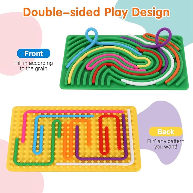 2pcs Sensory Activity Board, Double-Sided Silicone Fidget Toys for Kids 3+ & Adults, Sensory Toys for Anxiety, ADHD, Autism, Calming, Includes Travel Bag & 20 Strings, Yellow & Green