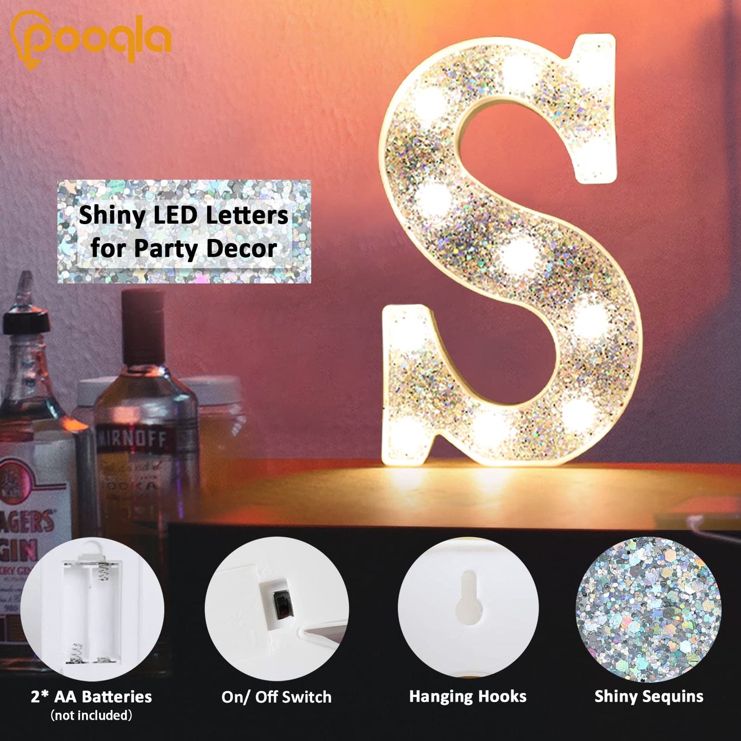 Pooqla LED Marquee Letter Lights, Battery Powered Silver Glitter Sign, Sequin Silver, Perfect for Parties and Decorations