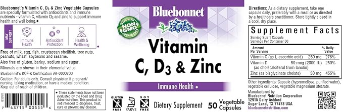 BlueBonnet Nutrition Vitamin C, D3 & Zinc, for Immune Health and Respiratory Function*, Soy-Free, Gluten-Free, Non-GMO, Kosher Certified, Dairy-Free, 50 Vegetable Capsules, 50 Servings
