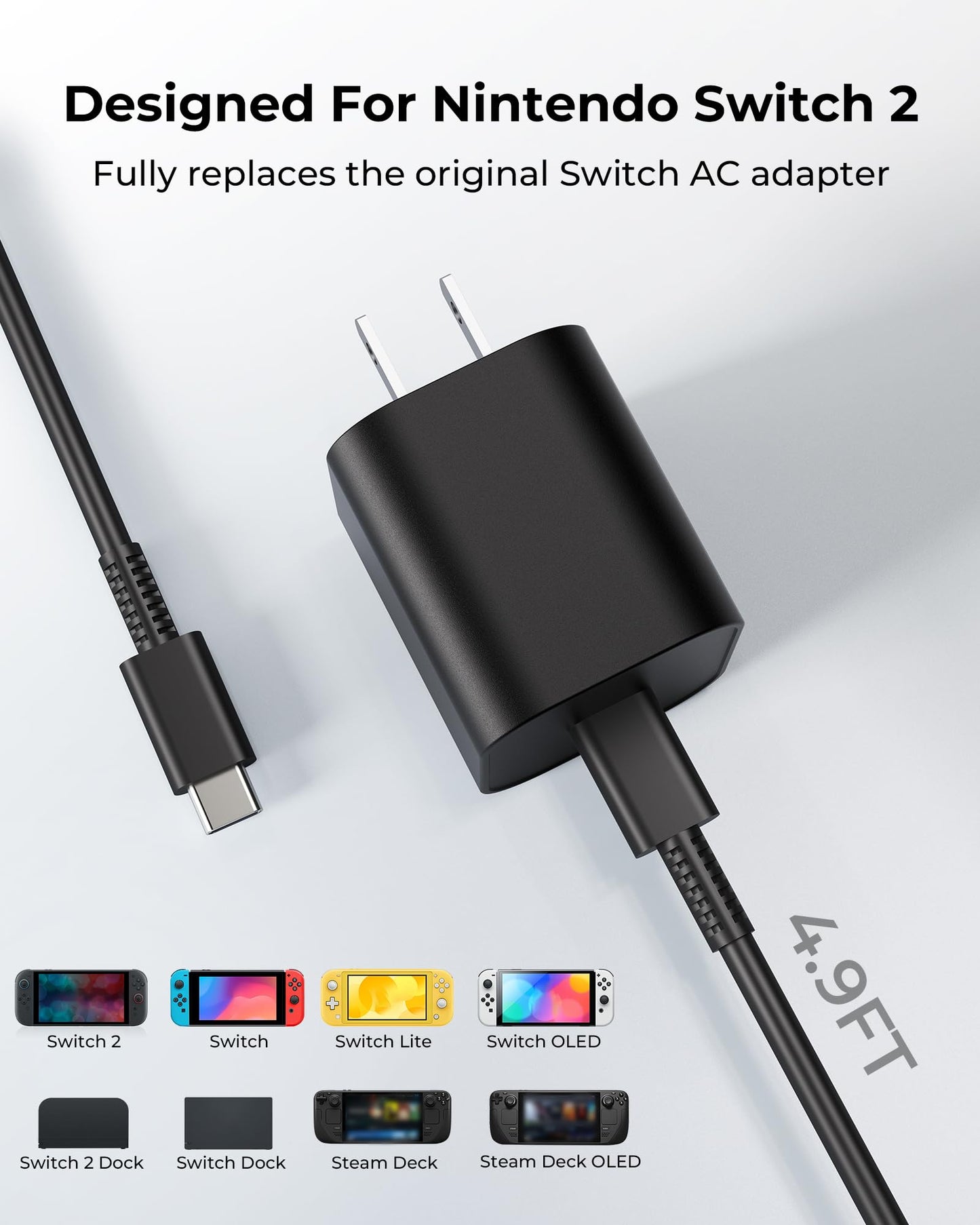 Antank 60W Switch 2 Charger, 20V 3A Pd Fast Charging Power Adapter For Nintendo Switch, Lite, Oled & Steam Deck, 4K Tv Dock Supp