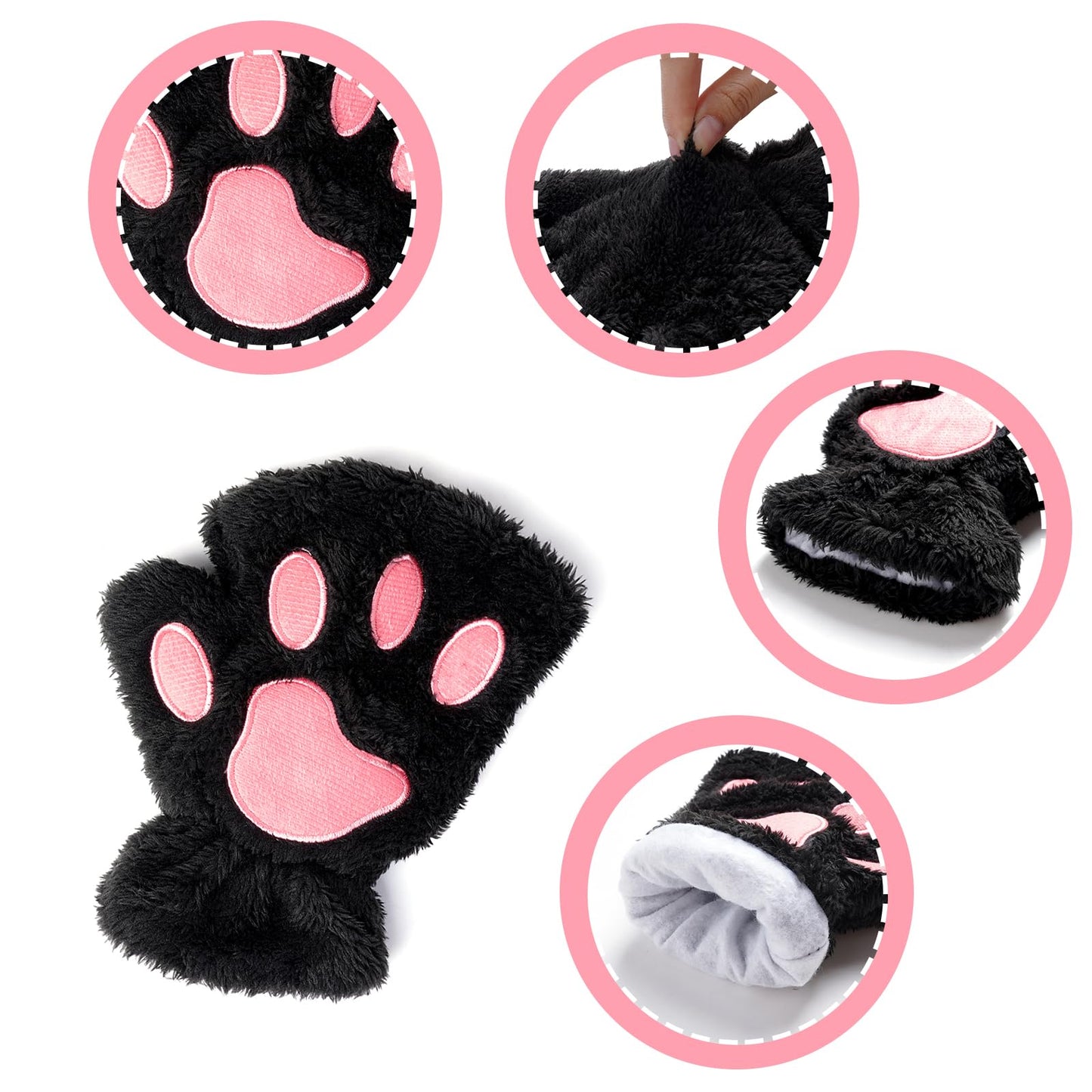 Hmxpls Fingerless Cat Paw Gloves, Winter Furry Bear Paw Gloves Cosplay Costume Accessories (Black)