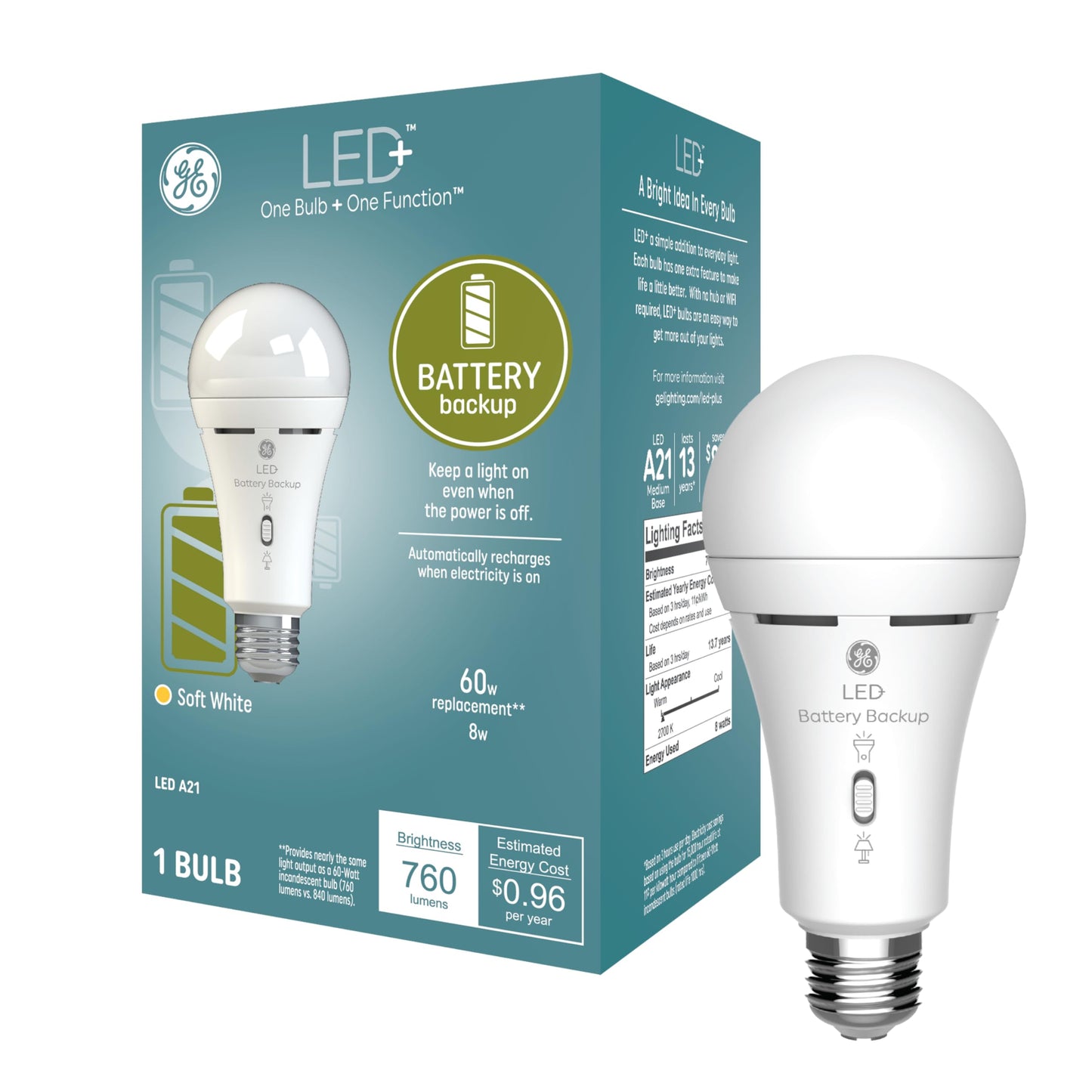 GE LED+ Rechargeable Backup Battery Light Bulb, Soft White, Medium Base, 1 Pack, ABS, Model 10043168502136.00