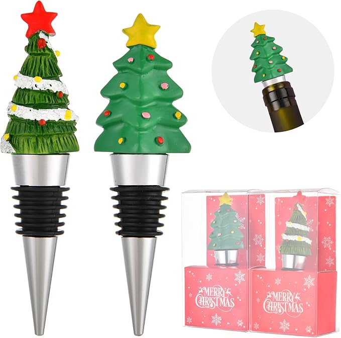 2 Pack Christmas Tree Wine Bottle Stoppers Reusable Bottle Stoppers Cute Wine and Beverage Corker Bottle Sealers for Xmas Holiday Party Decoration, Resin Decorative Wine Stoppers Wine Gift for Hostess