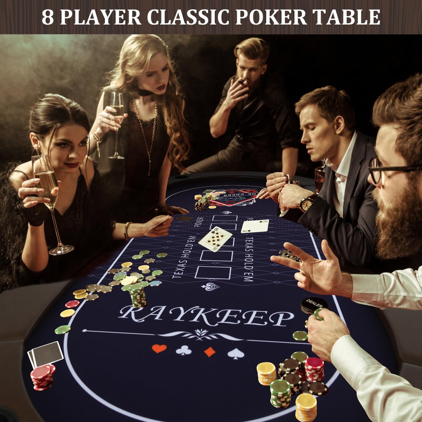 RAYKEEP Poker Table Foldable, 8 Player Folding Poker Tables w/Collapsible Legs, Casino Grade Felt, Padded Rails and Cup Holders, Portable Poker Table for Texas Holdem Poker and Blackjack, 71 Inch