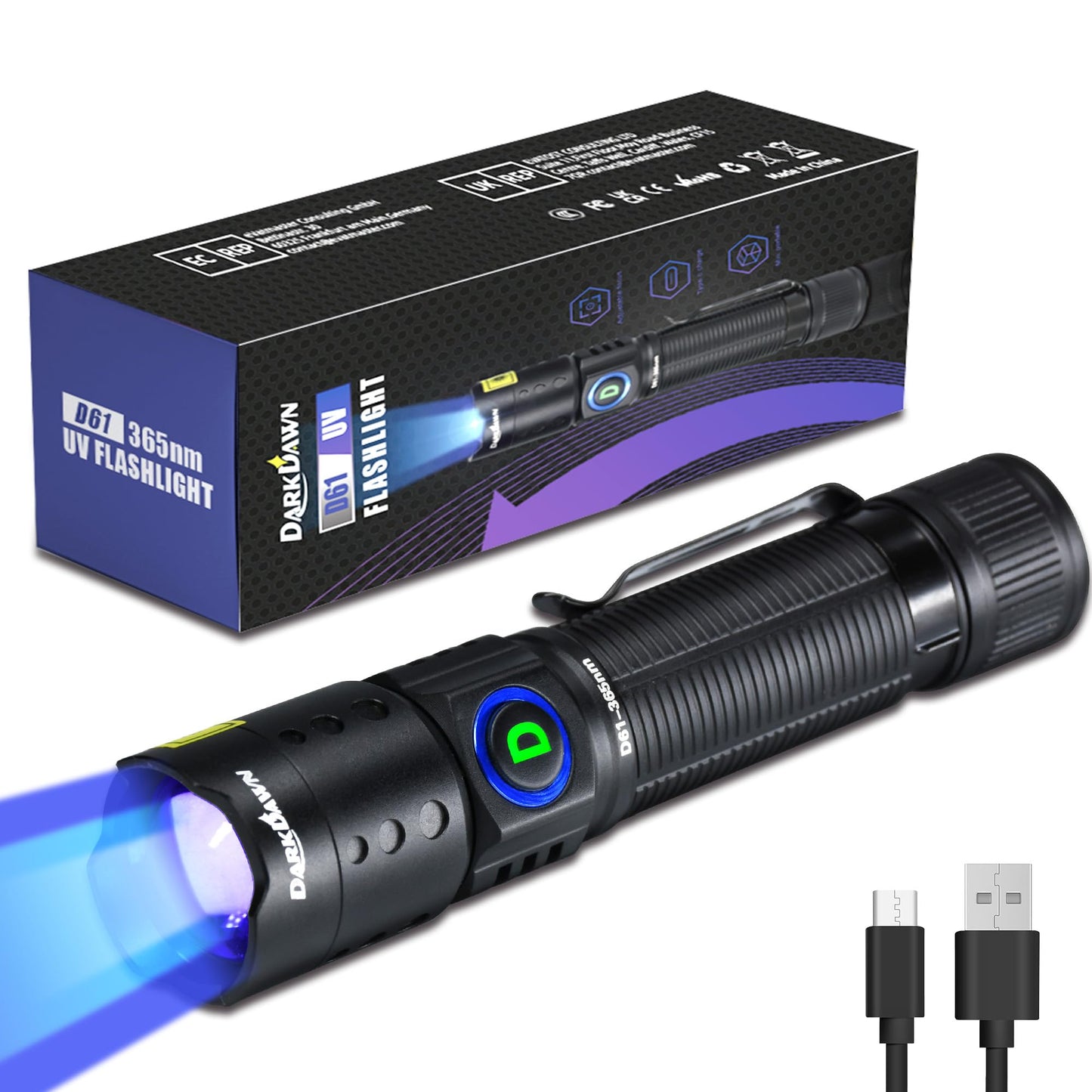 Darkdawn Uv Flashlight 365Nm Mini Usb Rechargeable Blacklight Detector For Pet Stains, Uranium, Resin Curing - Aluminum, Portable