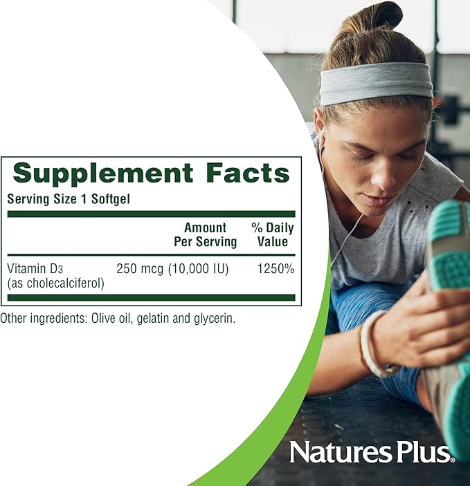 NaturesPlus Vitamin D3 (Cholecalciferol) - 10,000 iu, 60 Softgels - Maximum Potency for Healthy Bones & Teeth - Heart Health & Immune System Support - Total Body Health - Gluten-Free - 60 Servings
