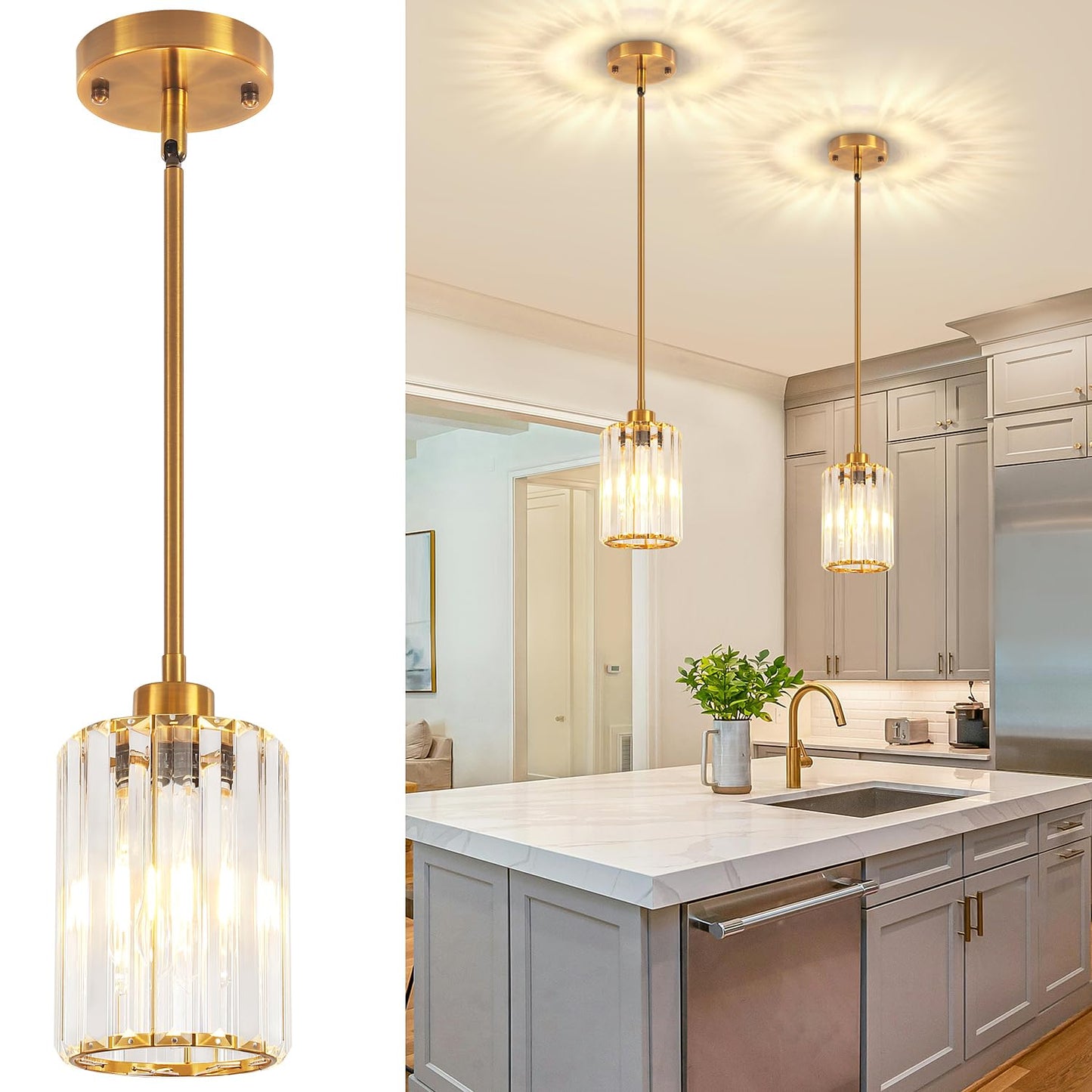 Zsmihdoh 2 Pack Pendant Lights Kitchen Island  Modern Gold Crystal Pendant Lighting  Kitchen Hanging Light Fixtures Mini Chandelier Pendant Lighting For Island Dining Room Hallway