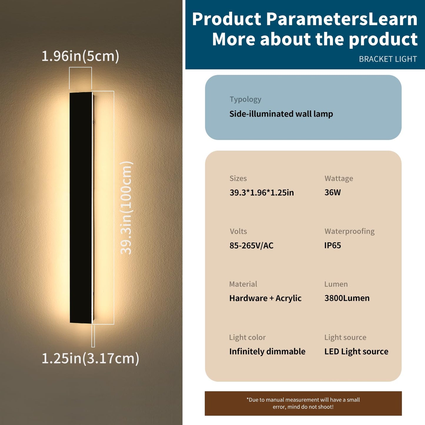 Daoseolo 2 Pack Outdoor Wall Light Fixture, IP65 Waterproof, Dimmable 3000K-6000K, 39.3inch Acrylic Sconce, Model TC-CBBD