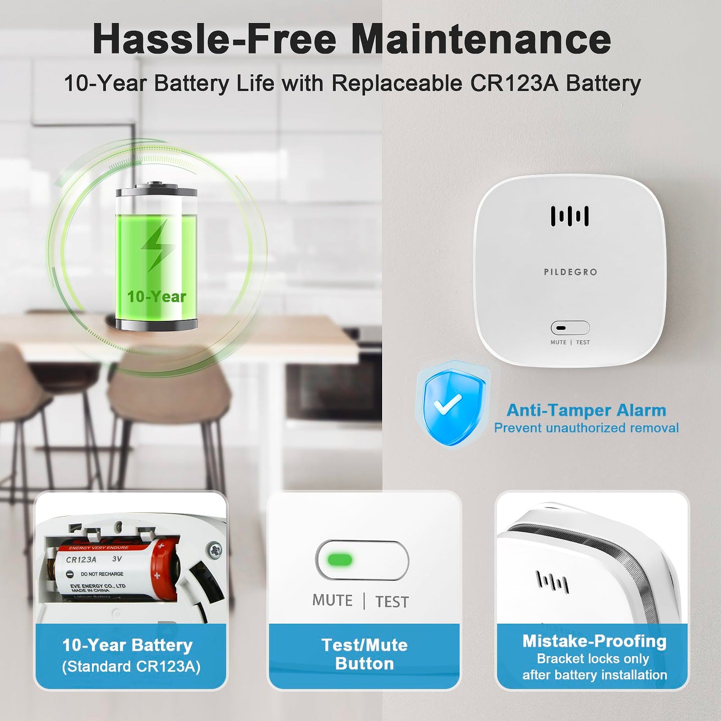 Pildegro Smoke Detector 10 Year Battery, Upgraded Small Fire Alarm Smoke Detector with Heat Monitor for Dual Protection, LED Indicator Loud Alarm with Test/Mute Button and Replaceable CR123A Battery