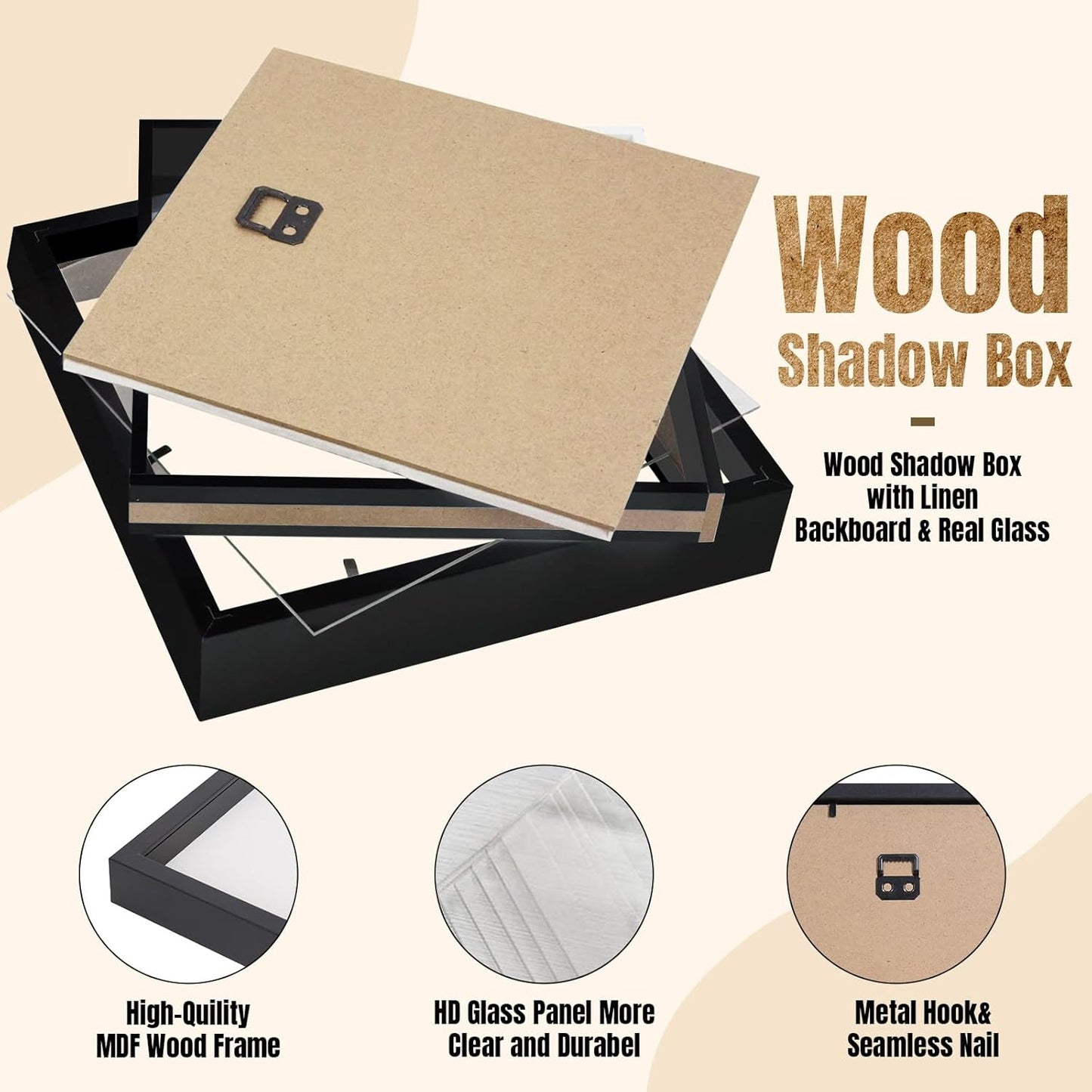 QDSSDECO 10"*10" Shadow Boxes Display Cases with Soft Linen Back Deep Wood Glass 3D Shadow Box Set for Wall and Tabletop, 3 Pack Black