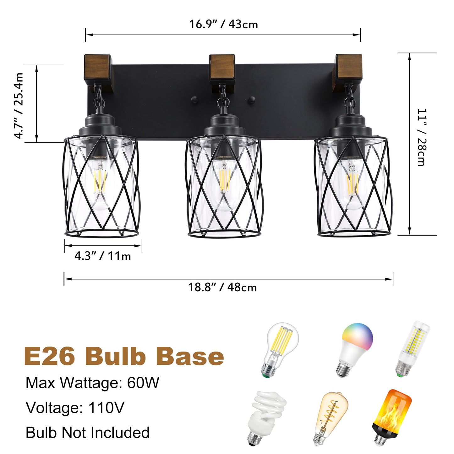 Farmhouse Bathroom Light Fixtures  3 Light Bathroom Vanity Light With Metal And Glass Lampshade  Wood Rustic Lighting Fixtures Over Mirror  Black Wall Sconces For Living Room  Bedroom