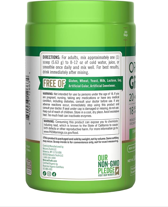Nature's Truth Organic Greens Powder | 20 Plus Superfoods | 5.18 Oz | Digestive Enzymes & Prebiotic Blend | Strawberry Kiwi Flavor | Vegan, Non-GMO & Gluten Free Supplement