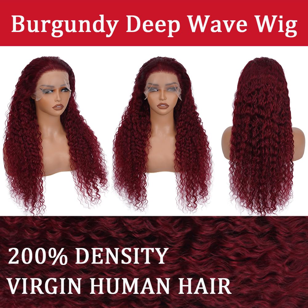 Simeider 36 Inch 13x6 Deep Wave Burgundy Lace Front Curly Red Frontal Wigs Human Hair For Women Red Deep Wave Human Hair 200 Den